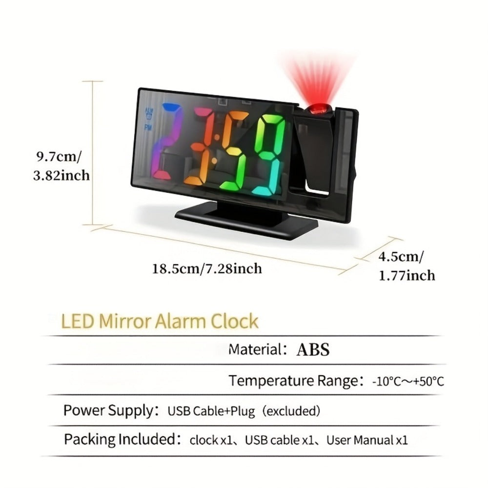 Digital Projection Alarm Clock LED Color Screen - 180° Rotating Projector, Temperature Display, Adjustable Brightness, Night Mode, Snooze, USB Powered Bedroom Living Room Ceiling Clock Decor