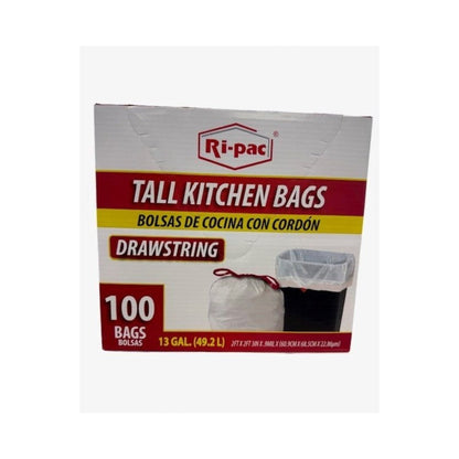 White Drawstring Kitchen Trash Bags, 13-Gallon 100-Count Pack with Two Exact Checkout Label Options