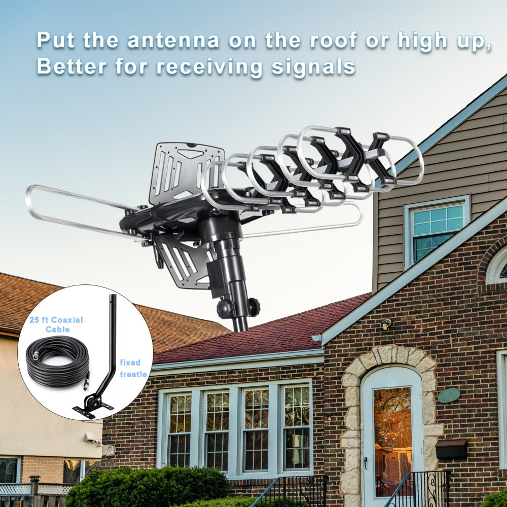 TV Antenna with Motorized Outdoor Yagi Array, Two-TV Control Box, Remote, RG6 Cable and Mounting Pole