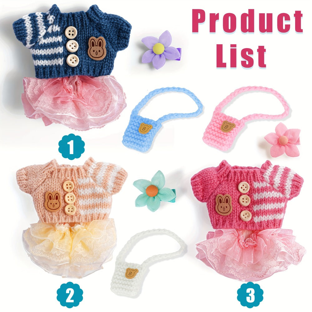 Three-Set Doll Clothes Collection for 17cm Plush Dolls with Knit Tops, Tulle Skirts, Hair Accents and Bags