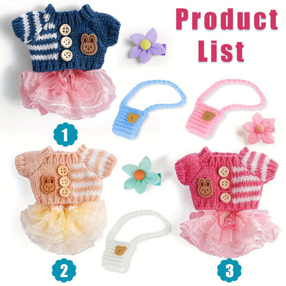Three-Set Doll Clothes Collection for 17cm Plush Dolls with Knit Tops, Tulle Skirts, Hair Accents and Bags
