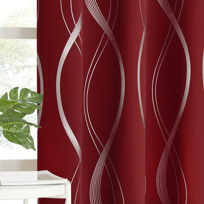 Two-Panel Wave-Line Foil Print Blackout Curtains in 10 Colors with 42- or 52-Inch Width Options