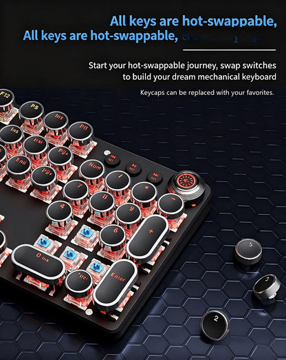 Mechanical Keyboard with Retro Round Keycaps, Green Switches, RGB Backlighting and Multifunction Control Knob