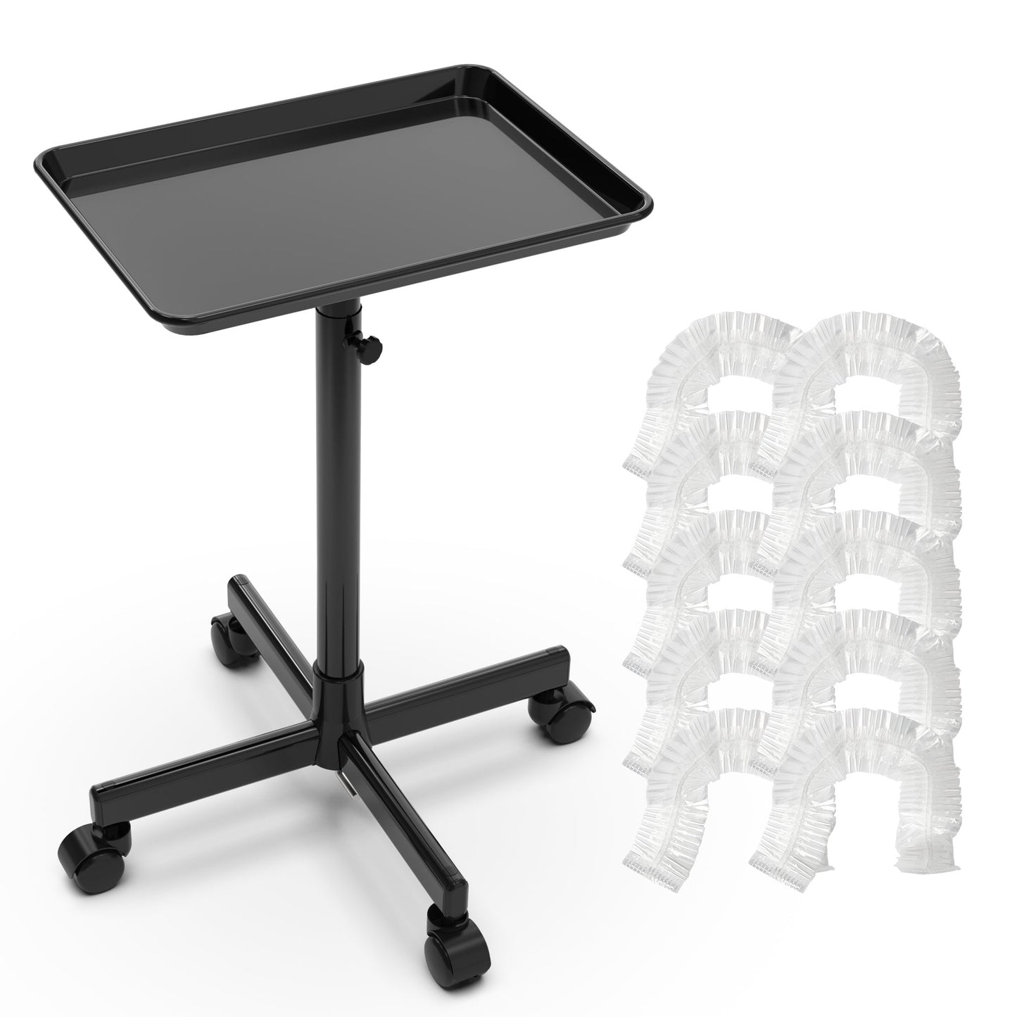 Black Adjustable Salon Tray Cart with 10 Disposable Covers, Rolling Casters and Removable Top Tray