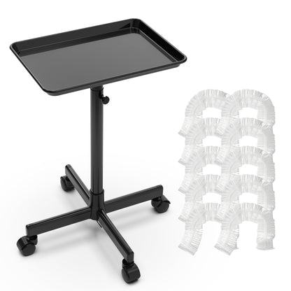 Black Adjustable Salon Tray Cart with 10 Disposable Covers, Rolling Casters and Removable Top Tray