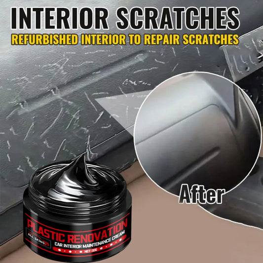 Car Plastic Restorer & Black Interior Trim Polish - Scratch Repair Paste, Anti-Aging Refurbishment Wax for Dashboard, Bumper, Tire Shine & Leather Seat Care, Works on All Car Interiors & Exteriors (30g + Sponge)