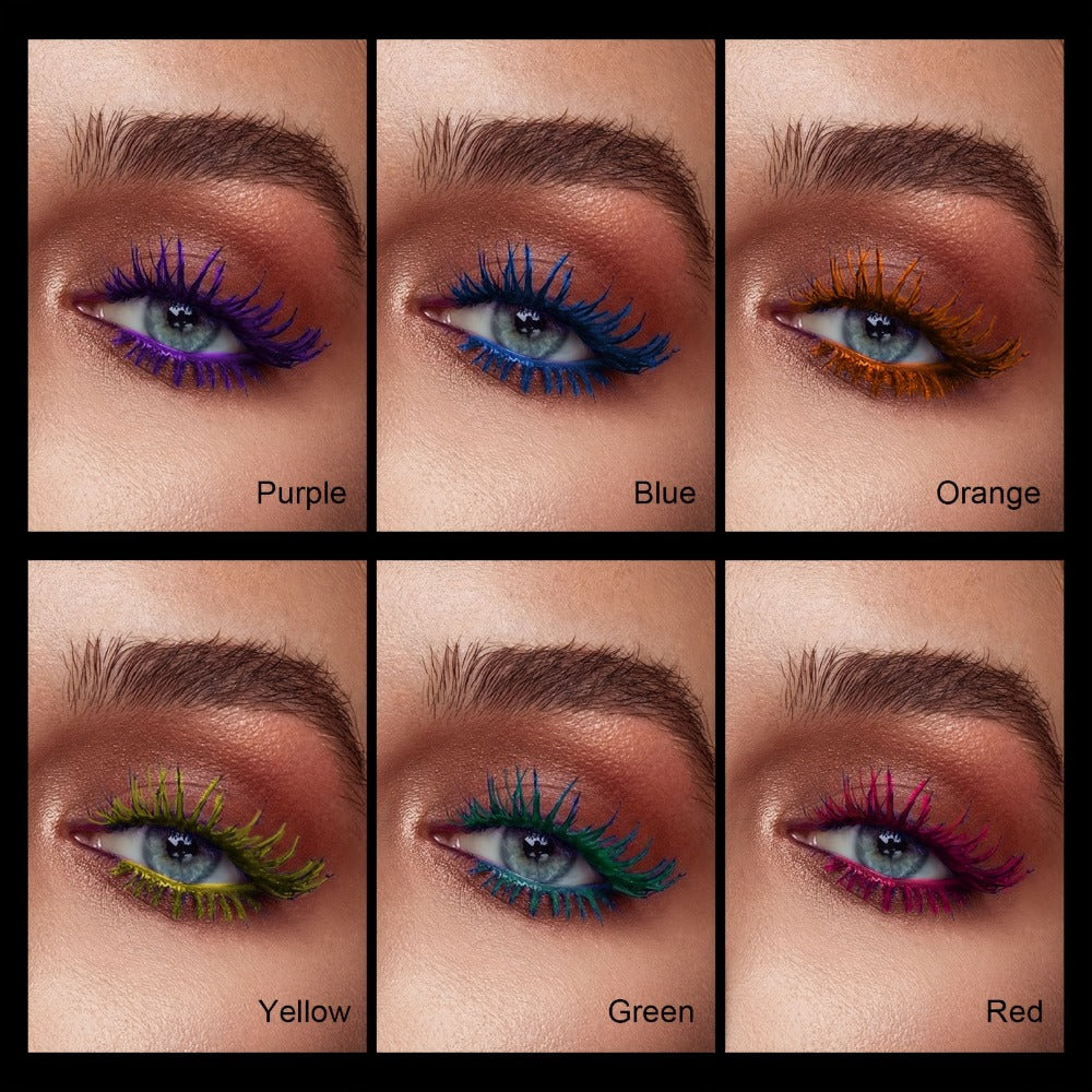 Colorful Mascara Set 6 Vivid Shades — water-resistant Smudge-Proof Curling Volumizing Lash Makeup, Purple Green Red Yellow Orange Blue