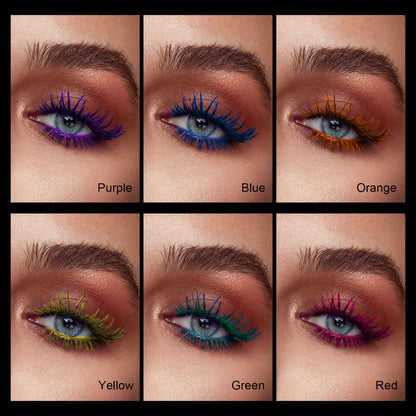 Colorful Mascara Set 6 Vivid Shades — water-resistant Smudge-Proof Curling Volumizing Lash Makeup, Purple Green Red Yellow Orange Blue