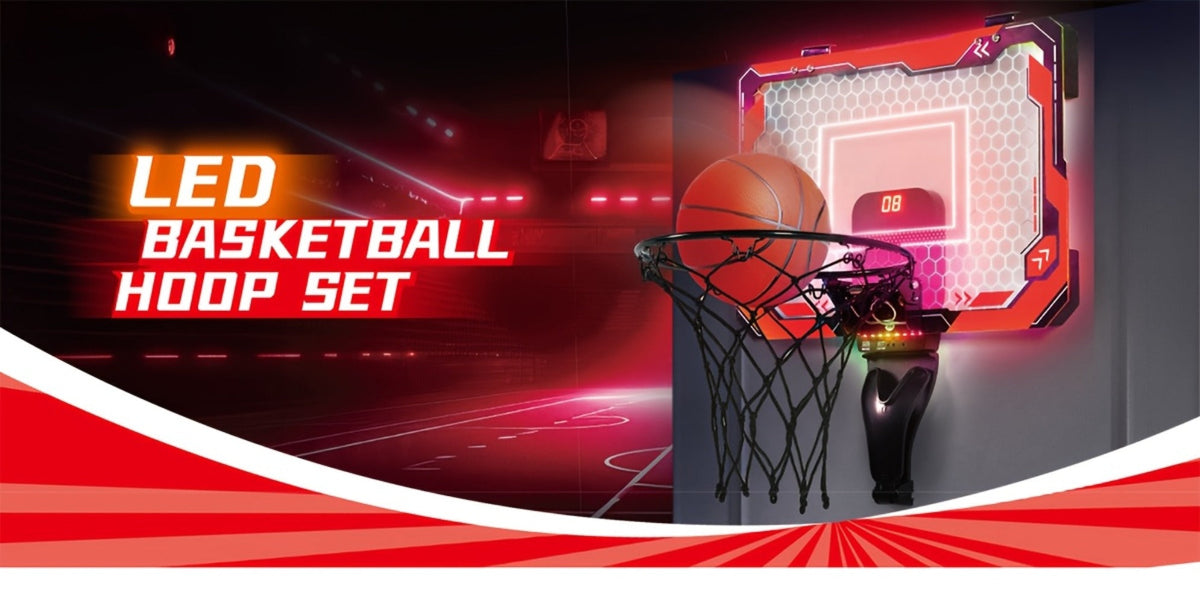 Indoor Basketball Hoop for Kids Over the Door, Light Up LED Scoreboard 4 Balls Air Pump 3 Game Modes 7 Light Shows