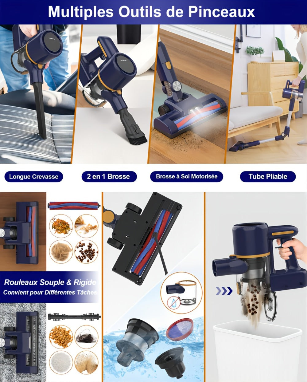 Stick and Handheld Vacuum Cleaner with LED Floor Head, Straight or 180-Degree Foldable Tube Options