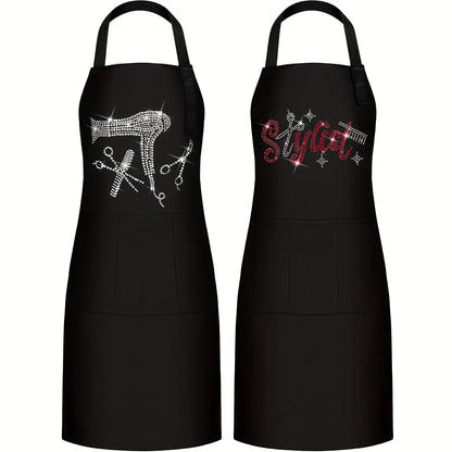 Two-Piece Rhinestone Barber Apron Set with Three Pockets for Hair Stylists, Barbers and Salon Work