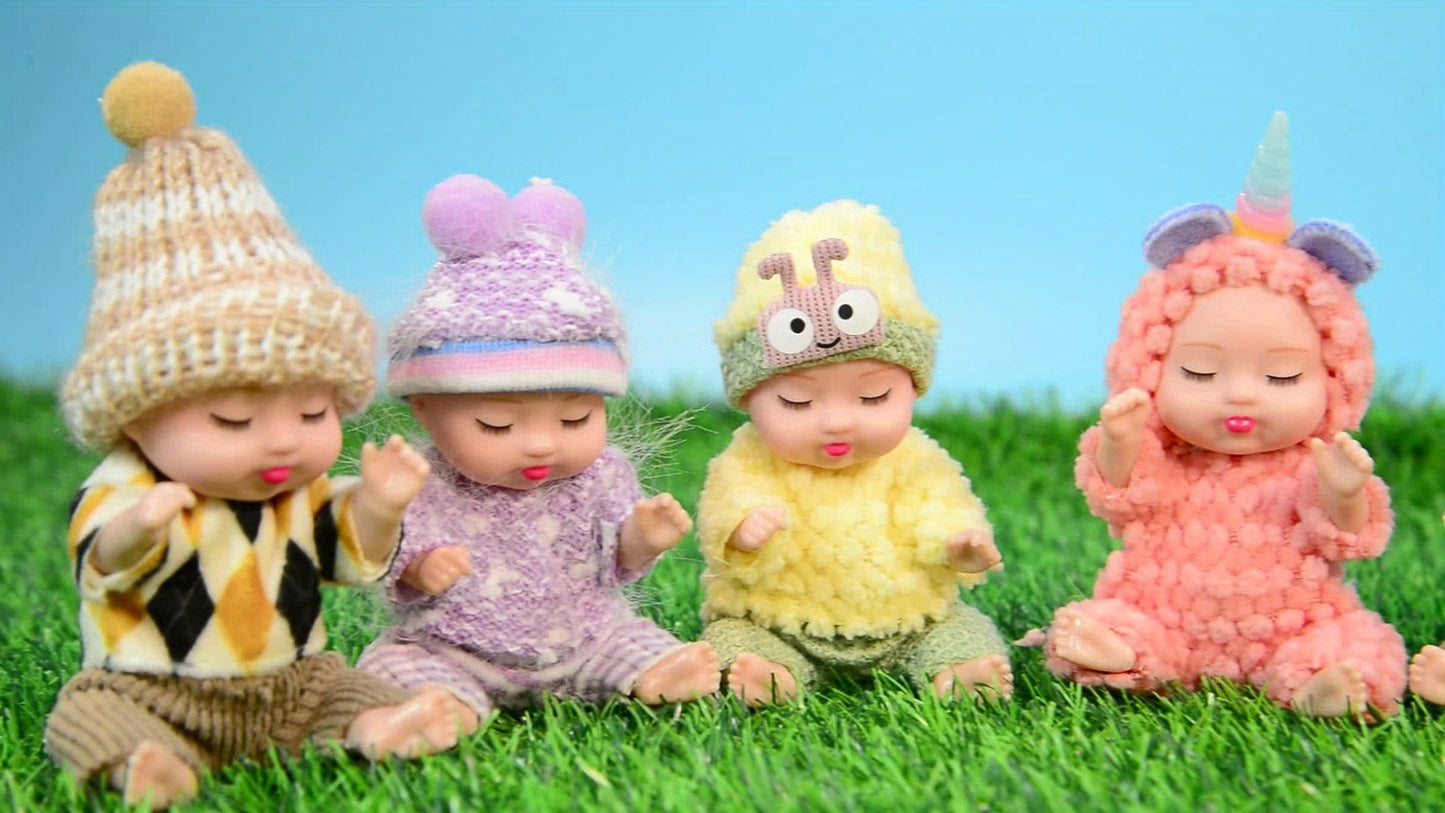 Eight Mini Baby Dolls with 4-Inch Checkout Size, Assorted Knit Animal Outfits and 10.24-Inch Display Box
