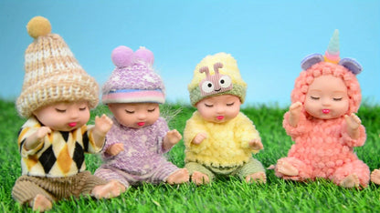 Eight Mini Baby Dolls with 4-Inch Checkout Size, Assorted Knit Animal Outfits and 10.24-Inch Display Box