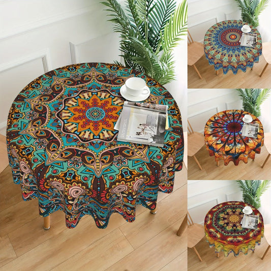 Tablecloth Round 60-Inch Mandala Cover with Three Colorful Bohemian Patterns for Indoor or Outdoor Decor