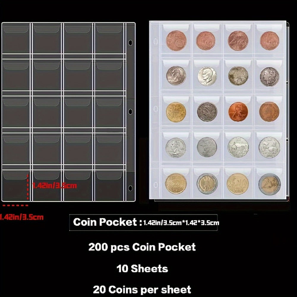 200-Pocket Coin Collection Album with 10 Pages, Zipper Handle and Black or Blue Cover for Adult Collectors