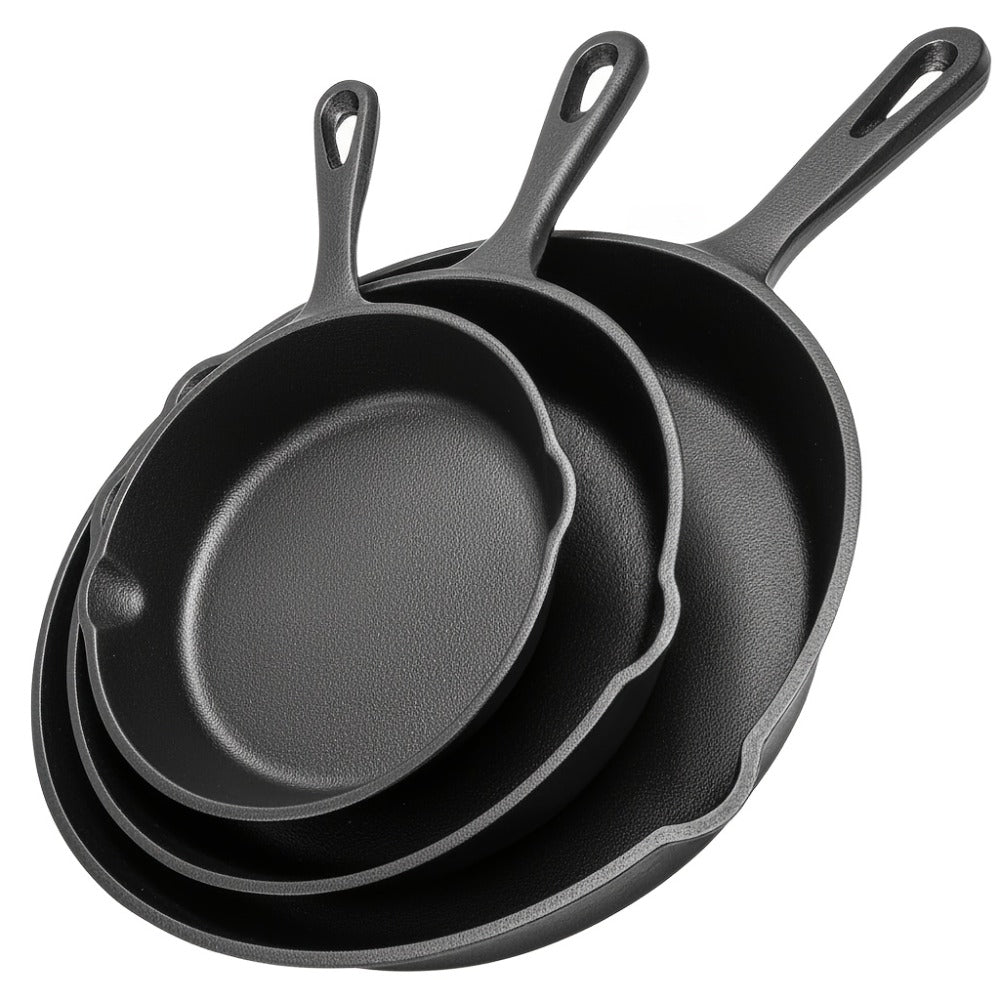 3-Piece Cast Iron Skillet Set with Long Handles, Pouring Lips and 6-, 8- and 10-Inch Graduated Pans