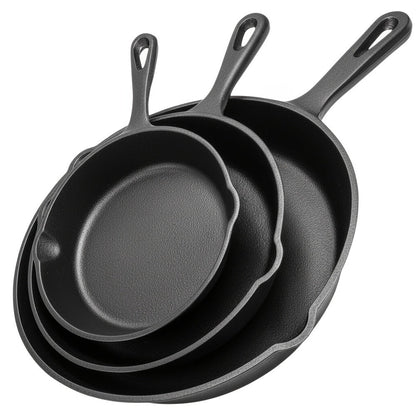 3-Piece Cast Iron Skillet Set with Long Handles, Pouring Lips and 6-, 8- and 10-Inch Graduated Pans