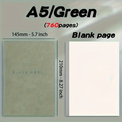 A5 Blank-Page Notebook with Seven Hundred Sixty Pages in Green, Blue, Pink or Black Covers