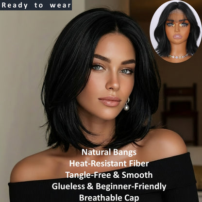 U Part Lace Front Bob Wig 4x1 Glueless Rose Net Cap Middle Part Natural Hairline Synthetic Wig for Women 14 Inch Brown Highlights Milky White Black Pink