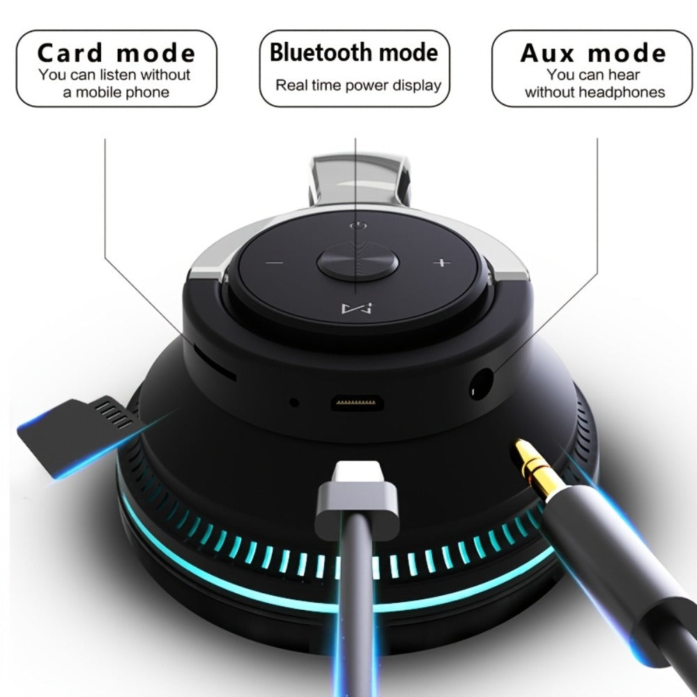 FM Radio TF Card Over-Ear Wireless Headphones Bluetooth, 24H Playtime, Built-in Mic, LED Light, AUX 3.5mm Wired Mode, Soft Earpads, Foldable Headset for Travel Home Office iOS Android