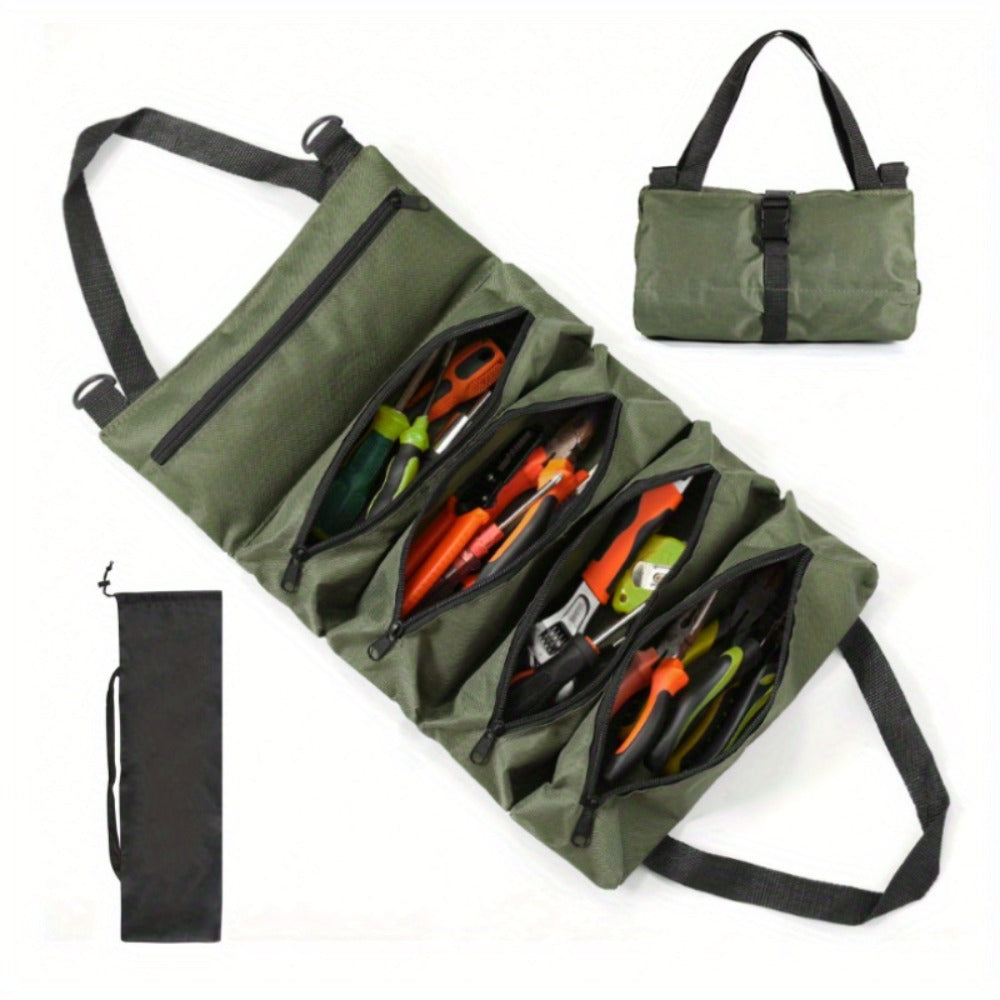 Collapsible Tool Roll Organizer Bag in Green or Black with Multiple Pockets and Carry Handles