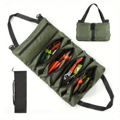 Collapsible Tool Roll Organizer Bag in Green or Black with Multiple Pockets and Carry Handles