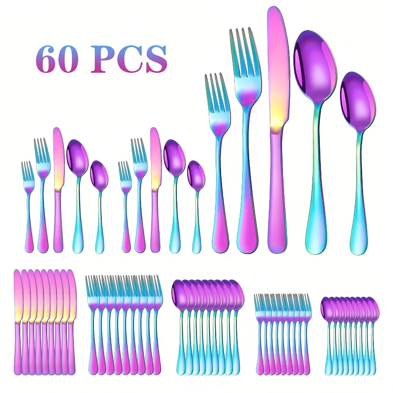 60-Piece Rainbow Flatware Set with Five Utensil Forms in Twelve-Piece Rows for Complete Table Settings
