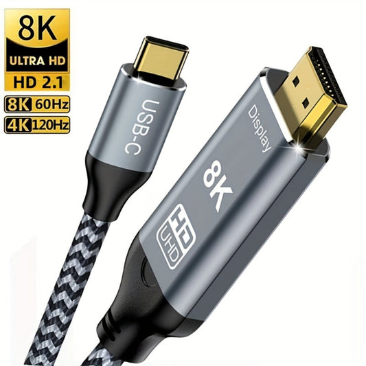 USB-C to HDMI 2.1 Cable 8K@60Hz 4K@144Hz, Aluminum Braided Thunderbolt 4/3 Compatible, 48Gbps HDCP 2.3 HDR, Type-C to HDMI Cord for MacBook Laptop Tablet Samsung Galaxy S24 to TV Monitor