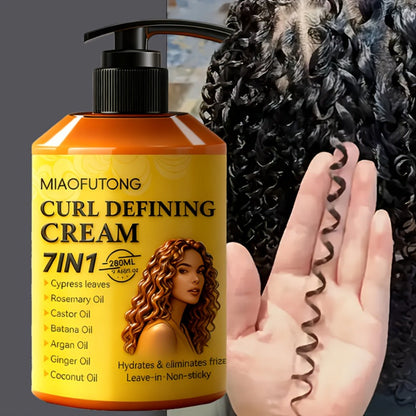 7-in-1 Botanical Curl Cream 280ml – Deep Moisture Curl Defining Cream with Argan, Rosemary, Castor & Coconut Oil, Anti-Frizz Long-Lasting Volume for Wavy Curly Coily Hair
