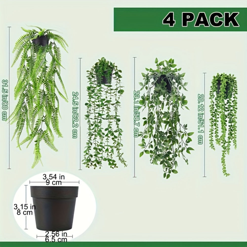 Hanging Artificial Greenery Vines, Four-Piece Mixed Pack with Boston Fern, Eucalyptus and Trailing Styles
