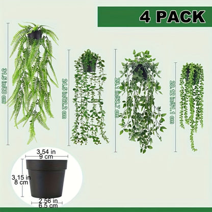 Hanging Artificial Greenery Vines, Four-Piece Mixed Pack with Boston Fern, Eucalyptus and Trailing Styles