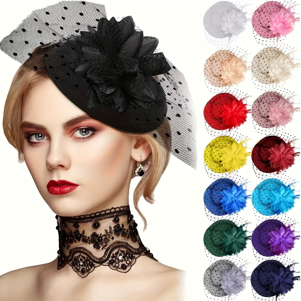 Fascinators & Mini Hats - Fascinator Set of 6 Feather Pillbox Hat with Clip Veil Flower for Women - main product view