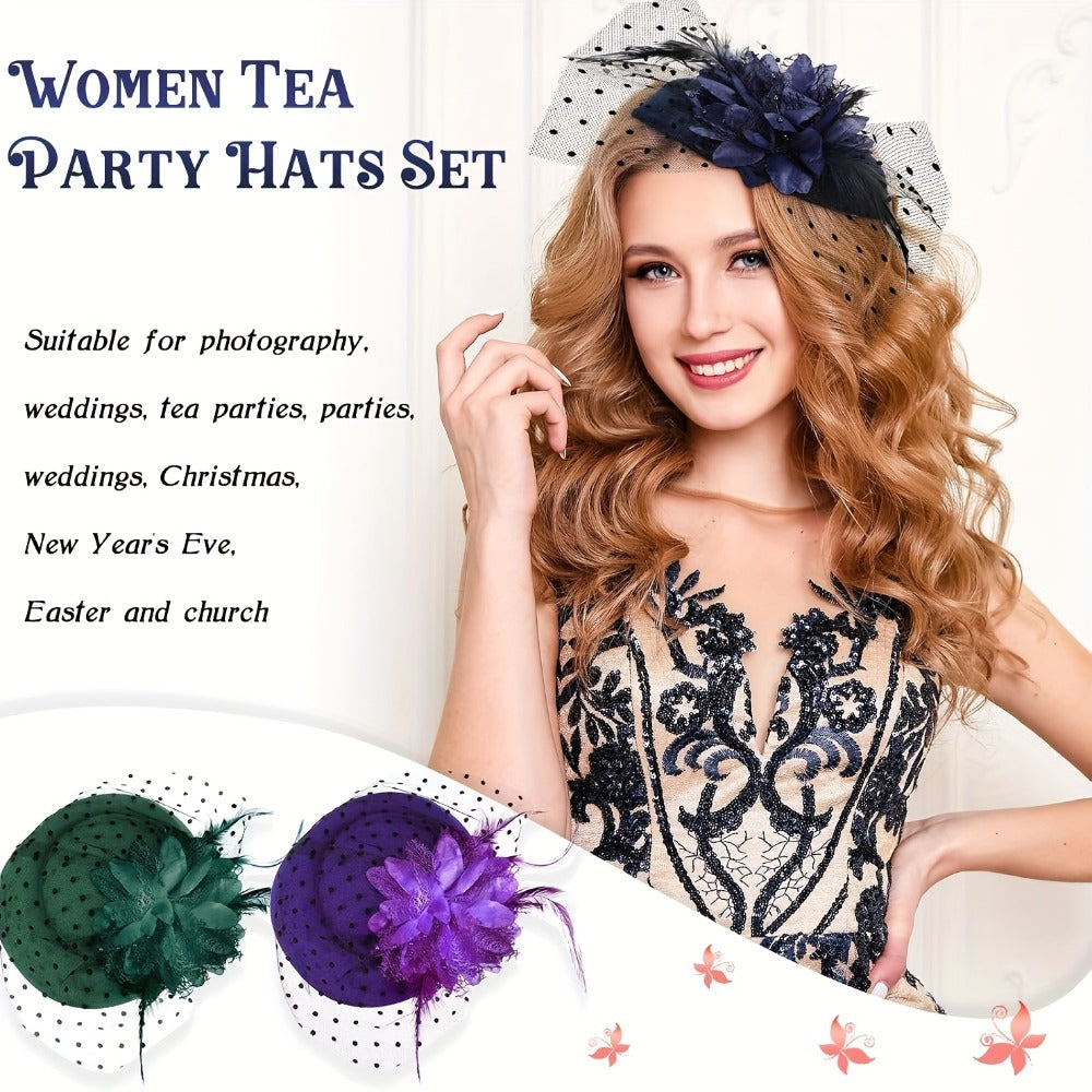 Fascinators & Mini Hats - Fascinator Set of 6 Feather Pillbox Hat with Clip Veil Flower for Women - product detail view 2