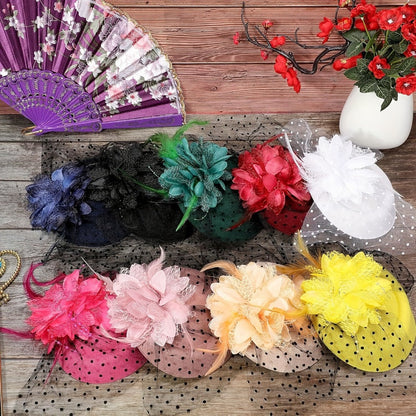Fascinators & Mini Hats - Fascinator Set of 6 Feather Pillbox Hat with Clip Veil Flower for Women - product detail view 4