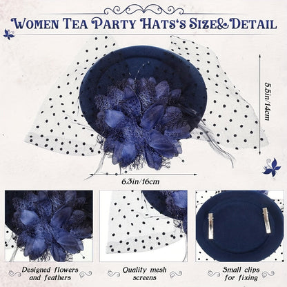 Fascinators & Mini Hats - Fascinator Set of 6 Feather Pillbox Hat with Clip Veil Flower for Women - product detail view 6