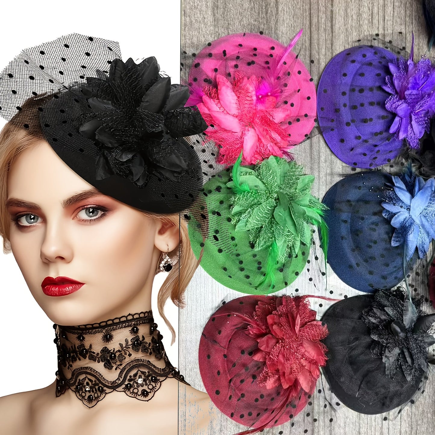 Fascinators & Mini Hats - Fascinator Set of 6 Feather Pillbox Hat with Clip Veil Flower for Women - product detail view 11