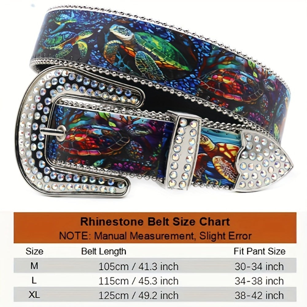 Fashion Belt - Diamond Sea Turtle Print Y2K Luxury Rhinestone Embellished Unisex - product detail view 3