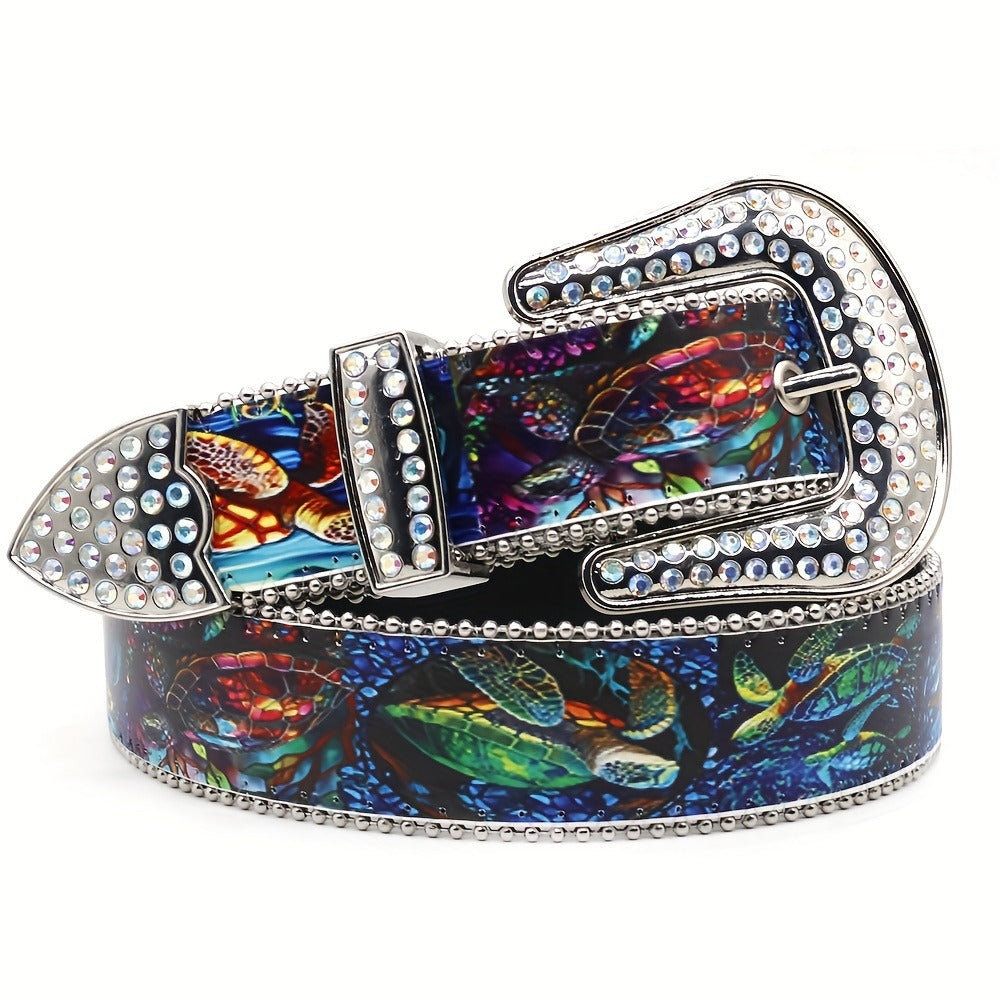 Fashion Belt - Diamond Sea Turtle Print Y2K Luxury Rhinestone Embellished Unisex - product detail view 6