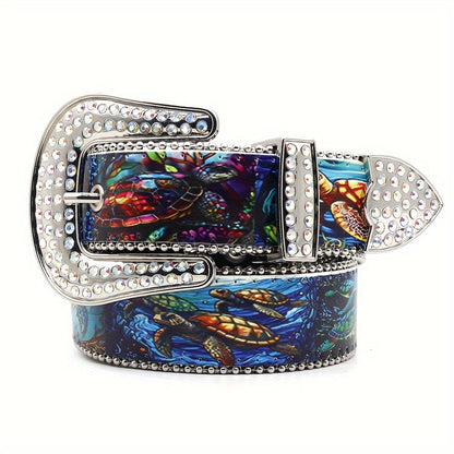 Fashion Belt - Diamond Sea Turtle Print Y2K Luxury Rhinestone Embellished Unisex - product detail view 7