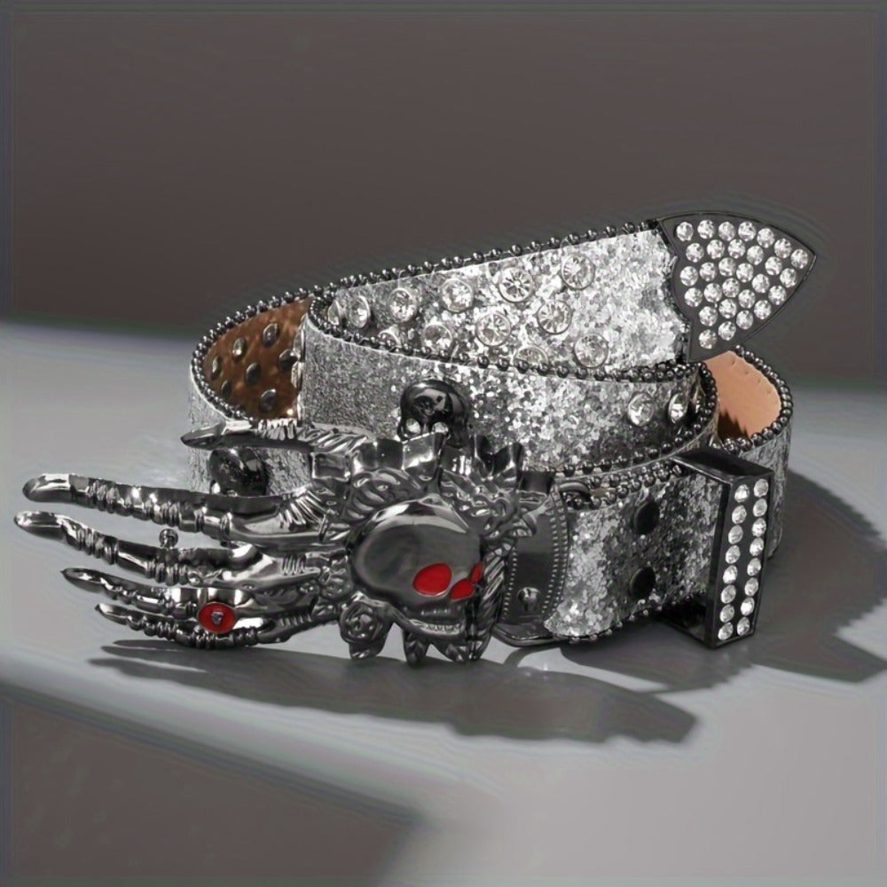 Fashion Belt - Punk Skull Unisex Rhinestone Embellished Faux Leather with Zinc Alloy - product detail view 3