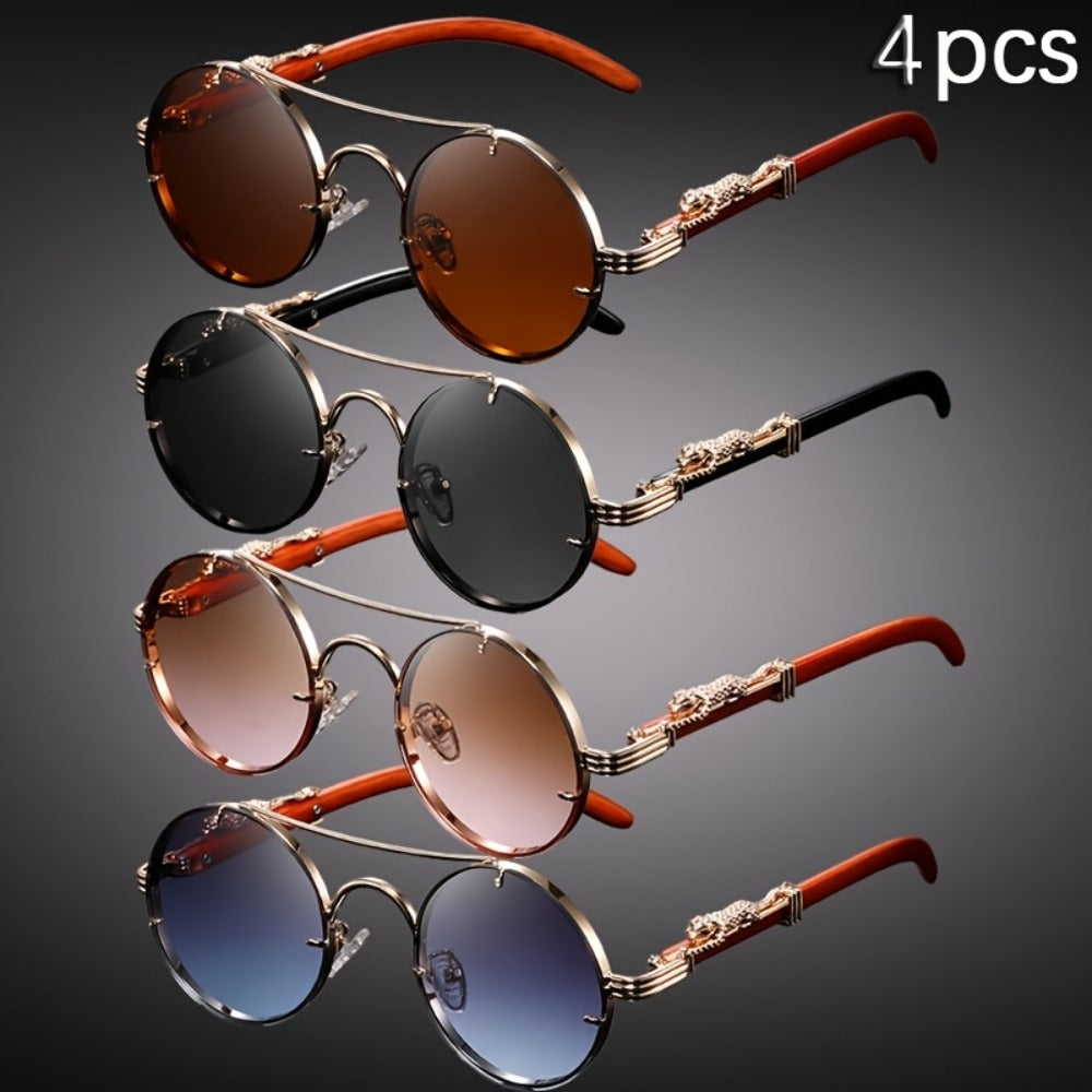 Fashion Glasses - Round 4-Pack Punk Rock Metal Frame, Leopard Print Hinges, Tortoiseshell - product detail view 3