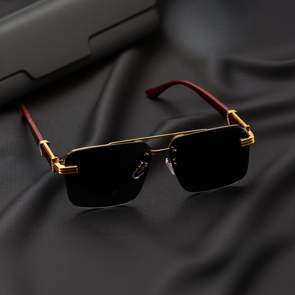 Fashion Glasses - Semi-Rimless Eyeglasses for Men Lightweight Metal Frame Woodgrain Temple - product detail view 3