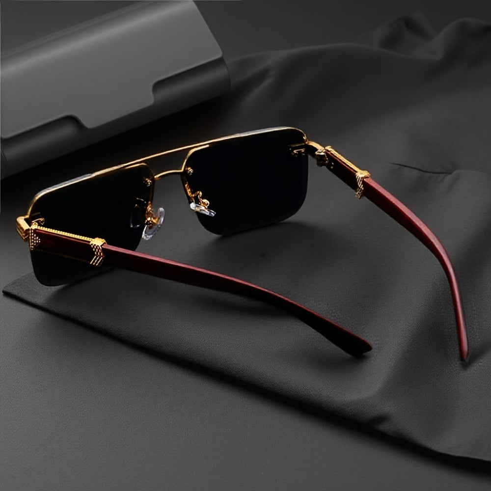 Fashion Glasses - Semi-Rimless Eyeglasses for Men Lightweight Metal Frame Woodgrain Temple - product detail view 4