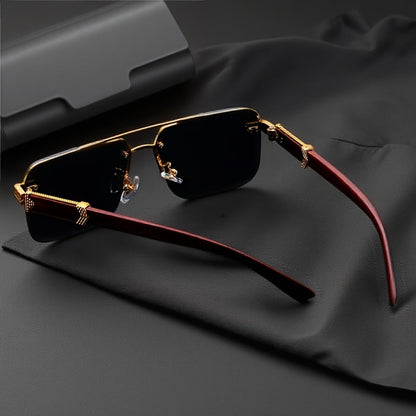 Fashion Glasses - Semi-Rimless Eyeglasses for Men Lightweight Metal Frame Woodgrain Temple - product detail view 4