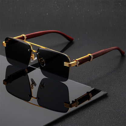 Fashion Glasses - Semi-Rimless Eyeglasses for Men Lightweight Metal Frame Woodgrain Temple - product detail view 7