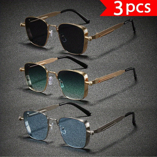 Fashion Sunglasses - Cyberpunk Glasses 3-Pack Unisex Punk Rectangular Metal Frame, Black & Gold - main product view