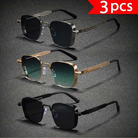 Fashion Sunglasses - Cyberpunk Glasses 3-Pack Unisex Punk Rectangular Metal Frame, Black & Gold - product detail view 2