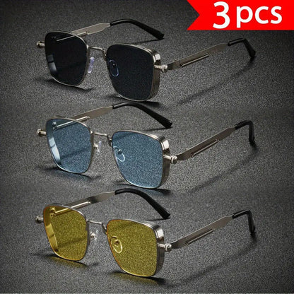 Fashion Sunglasses - Cyberpunk Glasses 3-Pack Unisex Punk Rectangular Metal Frame, Black & Gold - product detail view 9