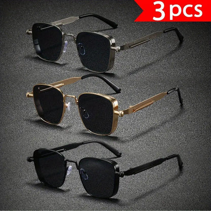 Fashion Sunglasses - Cyberpunk Glasses 3-Pack Unisex Punk Rectangular Metal Frame, Black & Gold - product detail view 10