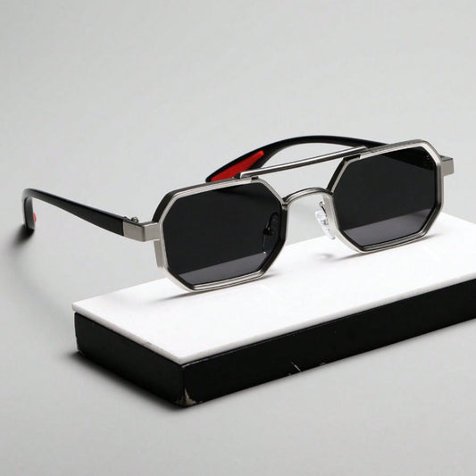 Fashion Sunglasses - Double Bridge Unisex Geometric Metal Frame, AC UV Lenses, Silver Eyewear - main product view
